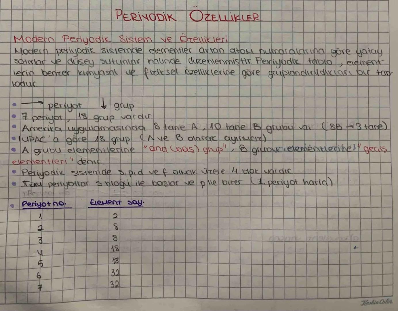 PERINODIK OZELLİKLER
Modern Periyodik Sistem ve Özellikleri
Modern periyodik sistemde elementler artan atom numaralarına göre yatay
satırlar