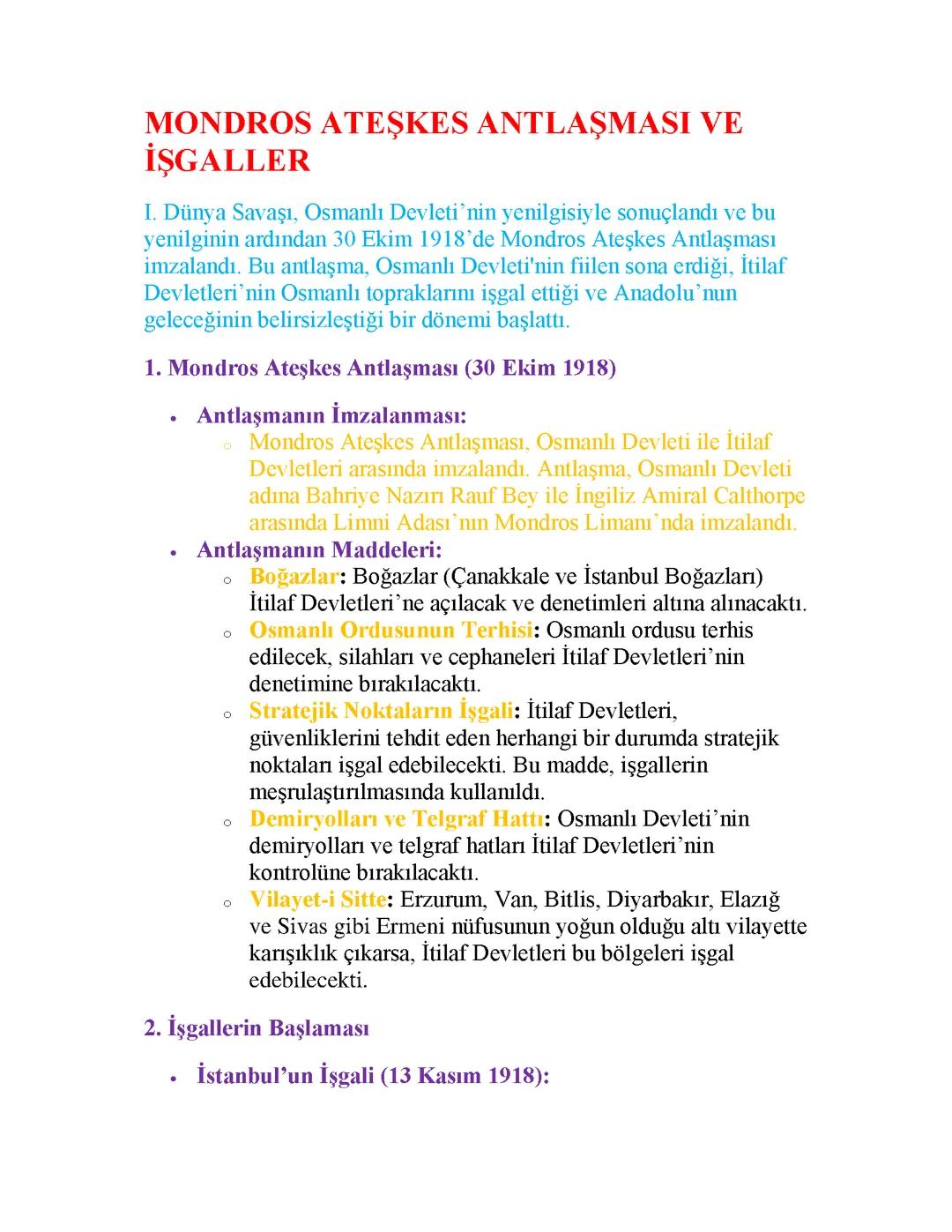 Mondros Ateşkes Anlaşması ve İşgaller