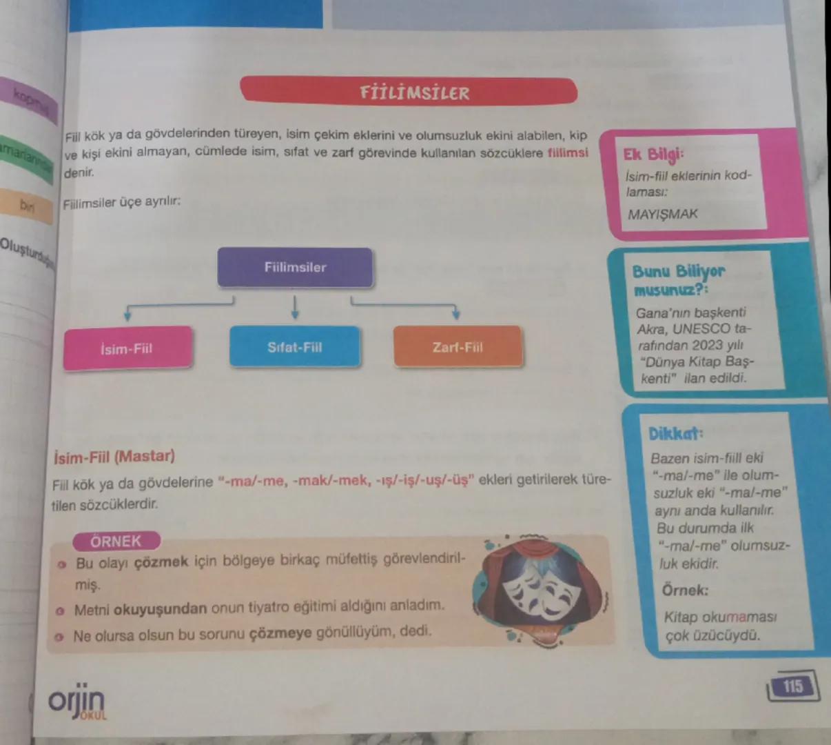 --- OCR Start ---
kopm
FİİLİMSİLER
Fiil kök ya da gövdelerinden türeyen, isim çekim eklerini ve olumsuzluk ekini alabilen, kip
ve kişi ekini