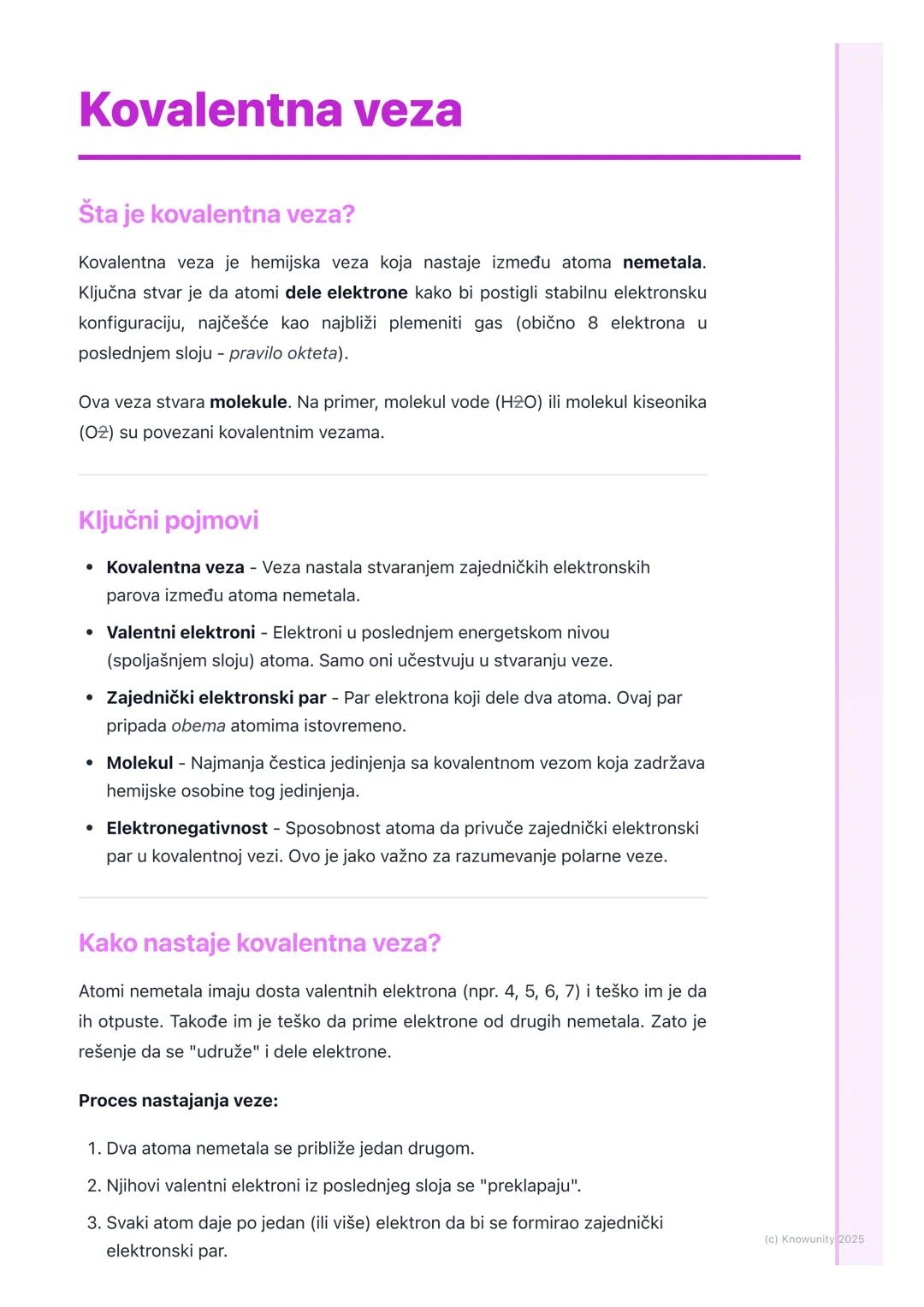 # Kovalentna veza

Šta je kovalentna veza?

Kovalentna veza je hemijska veza koja nastaje između atoma nemetala.
Ključna stvar je da atomi d