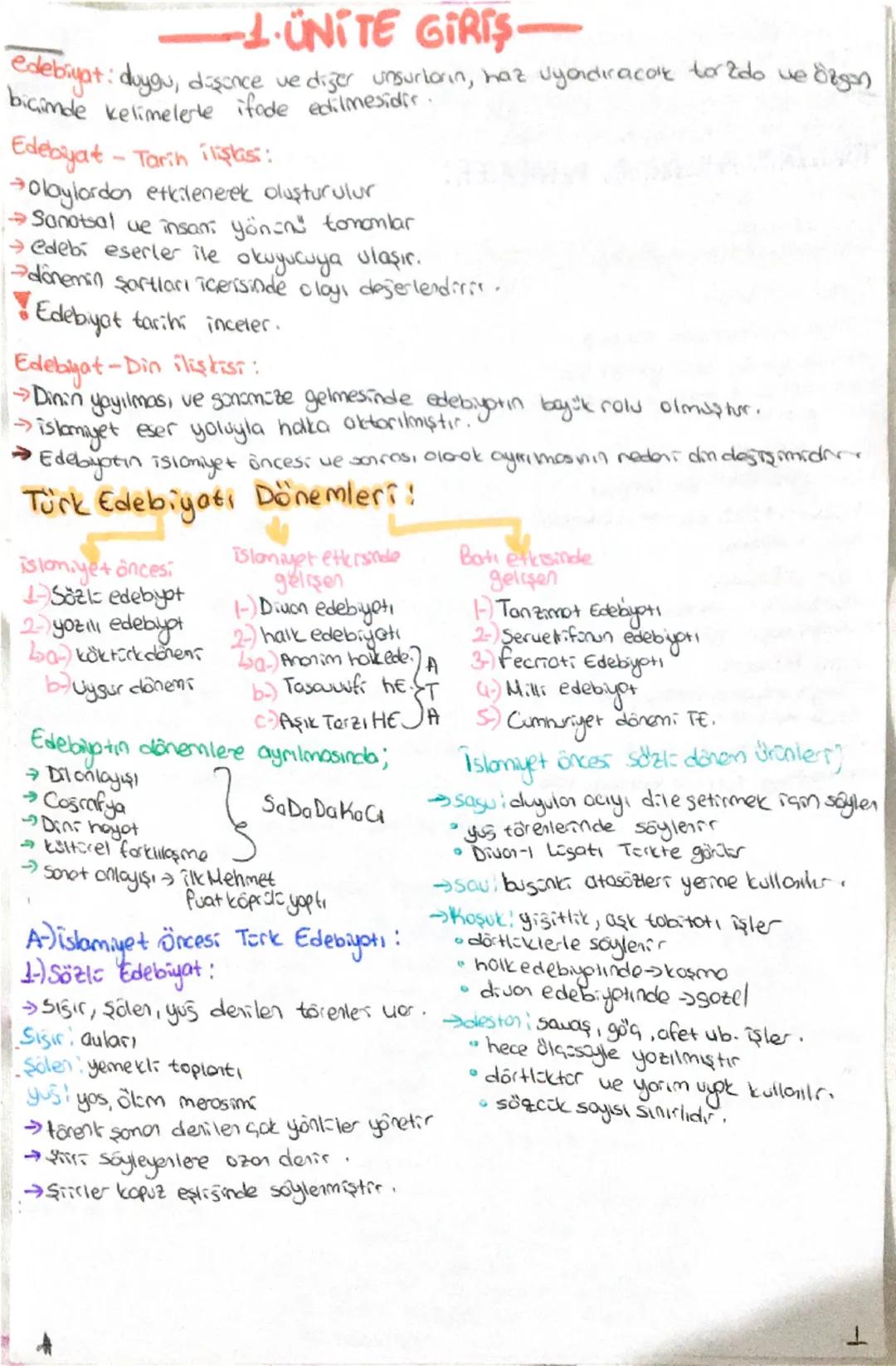 10. Sınıf Edebiyat Ders Notları - 1. Ünite Giriş