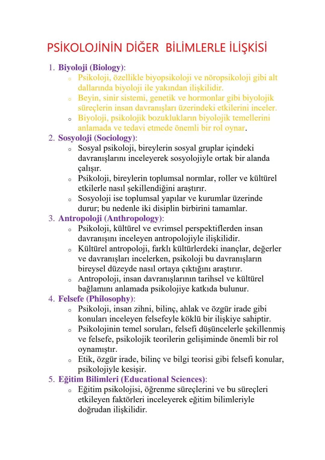 Psikolojinin Bilimsel İlişkileri