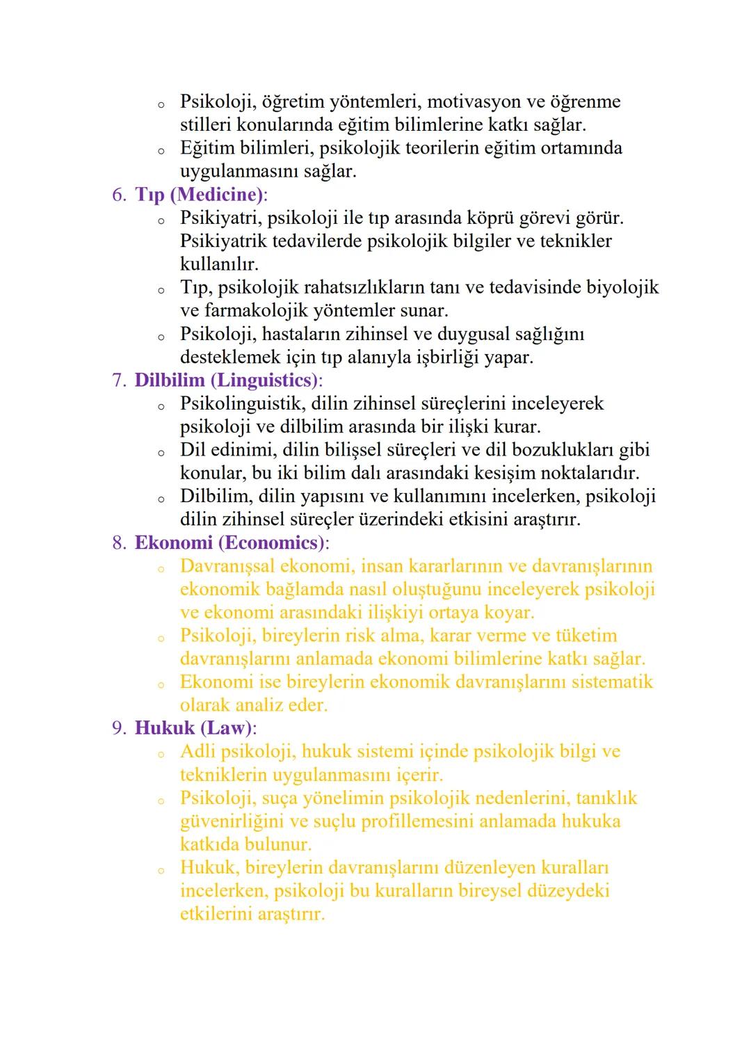 # PSİKOLOJİNİN DİĞER BİLİMLERLE İLİŞKİSİ

1. Biyoloji (Biology):

*   Psikoloji, özellikle biyopsikoloji ve nöropsikoloji gibi alt
dallarınd