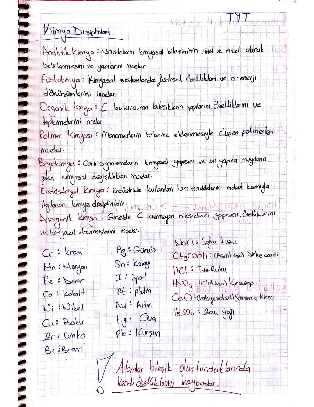 Kimya disiplinleri ve atom modelleri