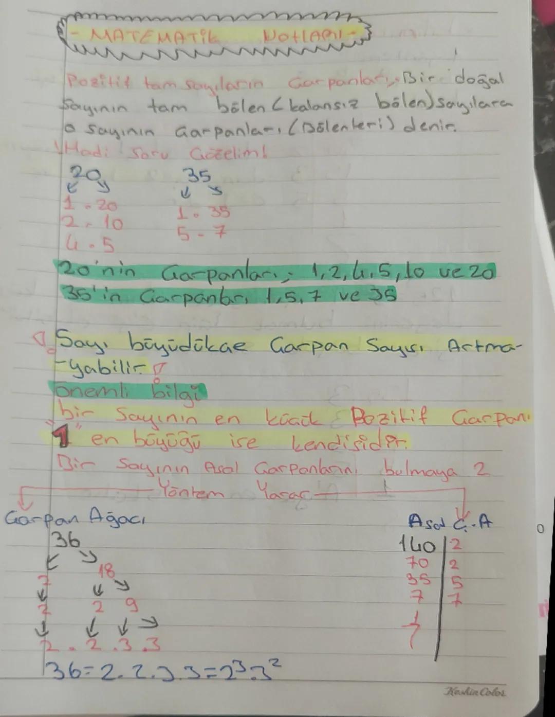 - MATEMATİK NOTLARI -

Pozitif tam sayıların çarpanları: Bir doğal sayının tam bölen (kalansız bölen) sayılara o sayının çarpanları (bölenle