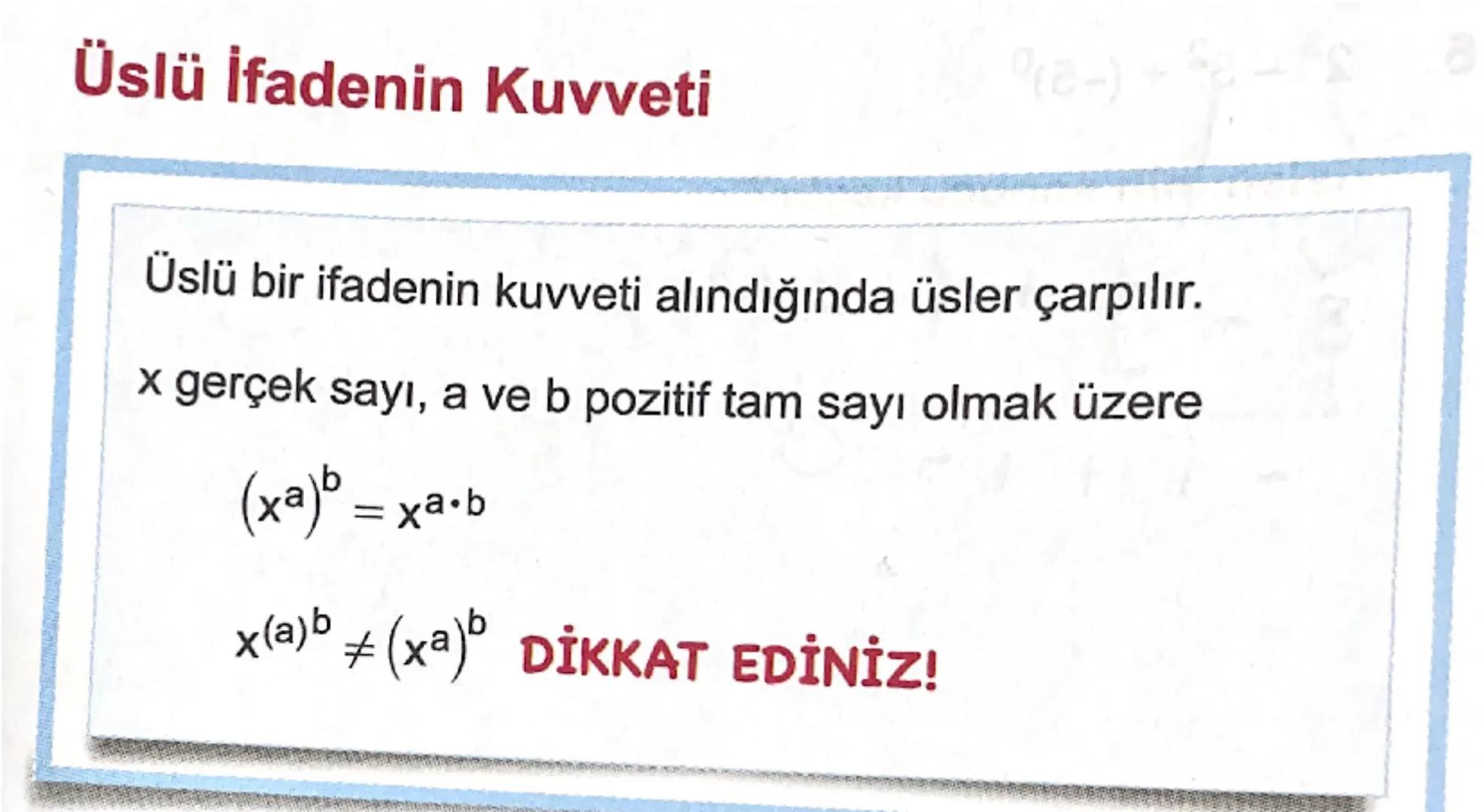 15 Tatil Tekrarı

Üstü ifade

a sıfırdan farklı gerçek sayı,, n sıfırdan darklı tam sayı
olmak üzere an ifadesing üslü gösterim. denir.

a s