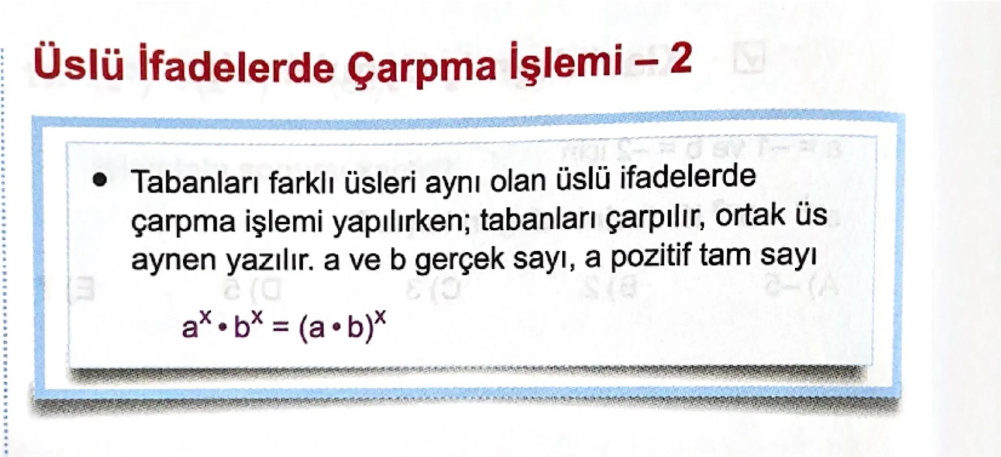 15 Tatil Tekrarı

Üstü ifade

a sıfırdan farklı gerçek sayı,, n sıfırdan darklı tam sayı
olmak üzere an ifadesing üslü gösterim. denir.

a s