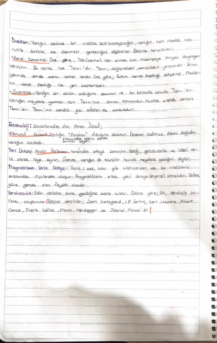 Varlık Felsefesi (Ontologi): Varlığın, var olanın birliği anlamına gelir.
Nihiliam: Varlığın olmadiğini öne sürenlere denir.
Realiam: Varuĝi