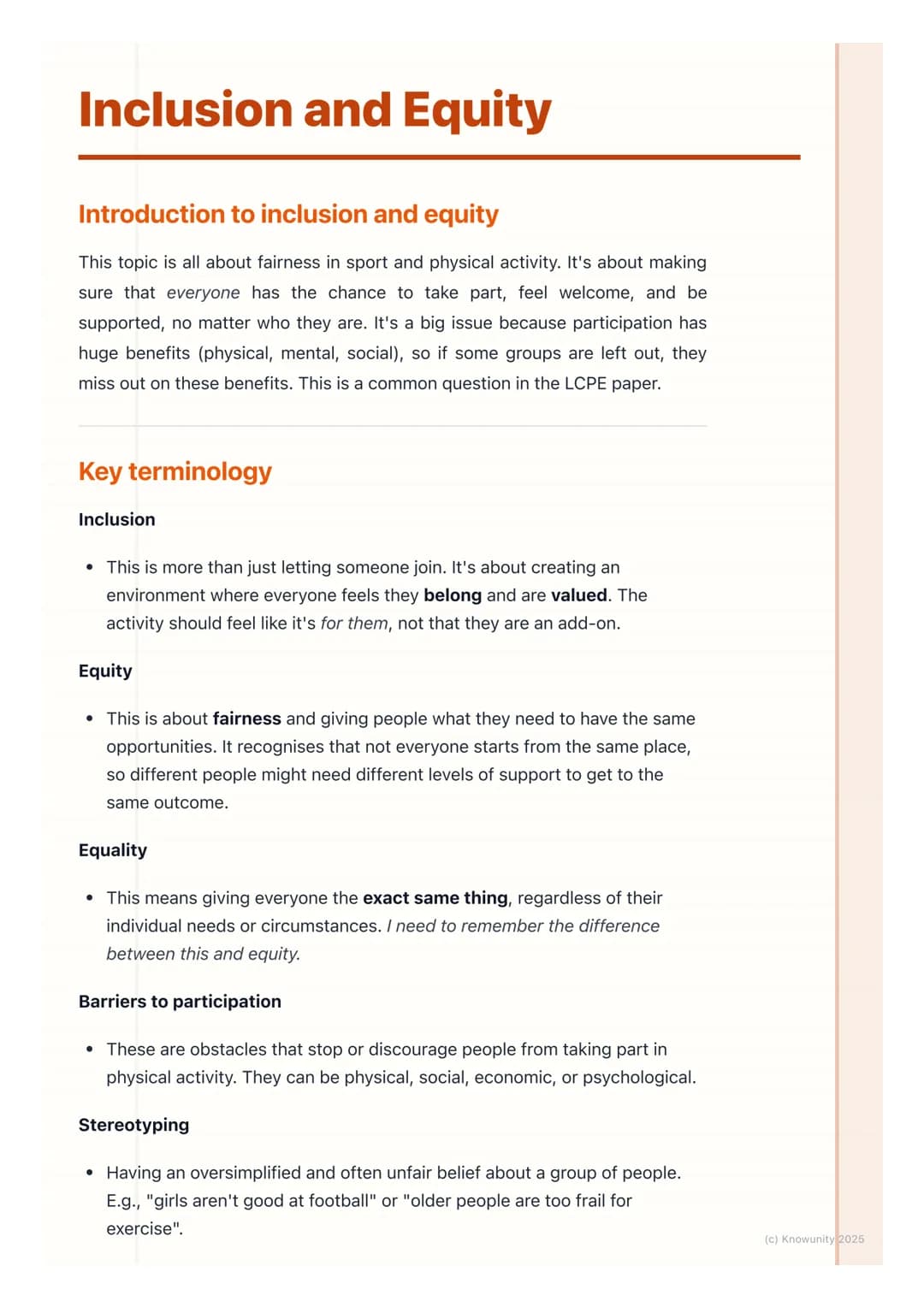 # Inclusion and Equity

Introduction to inclusion and equity

This topic is all about fairness in sport and physical activity. It's about ma