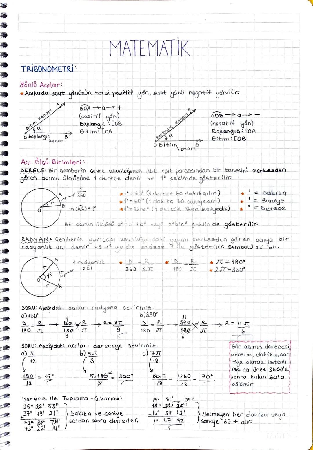 TRIGONOMETRI
Yönlü Açılar:
MATEMATIK
* Acılarda saat yönünün tersi pozitif yan, saat yönü negatif yöndür.
bitim Kenari
a
A
BOA at
(pozitif y