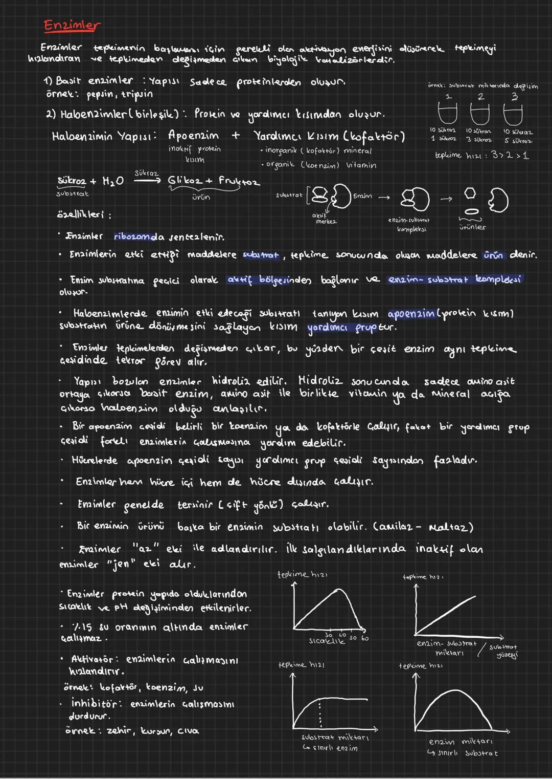 Enzimler
Enzimler tepkimenin başlaması için gerekli olan aktivasyon enerjisini düşürerek tepkimeji
hızlandıran ve tepkimeden değişmeden çika