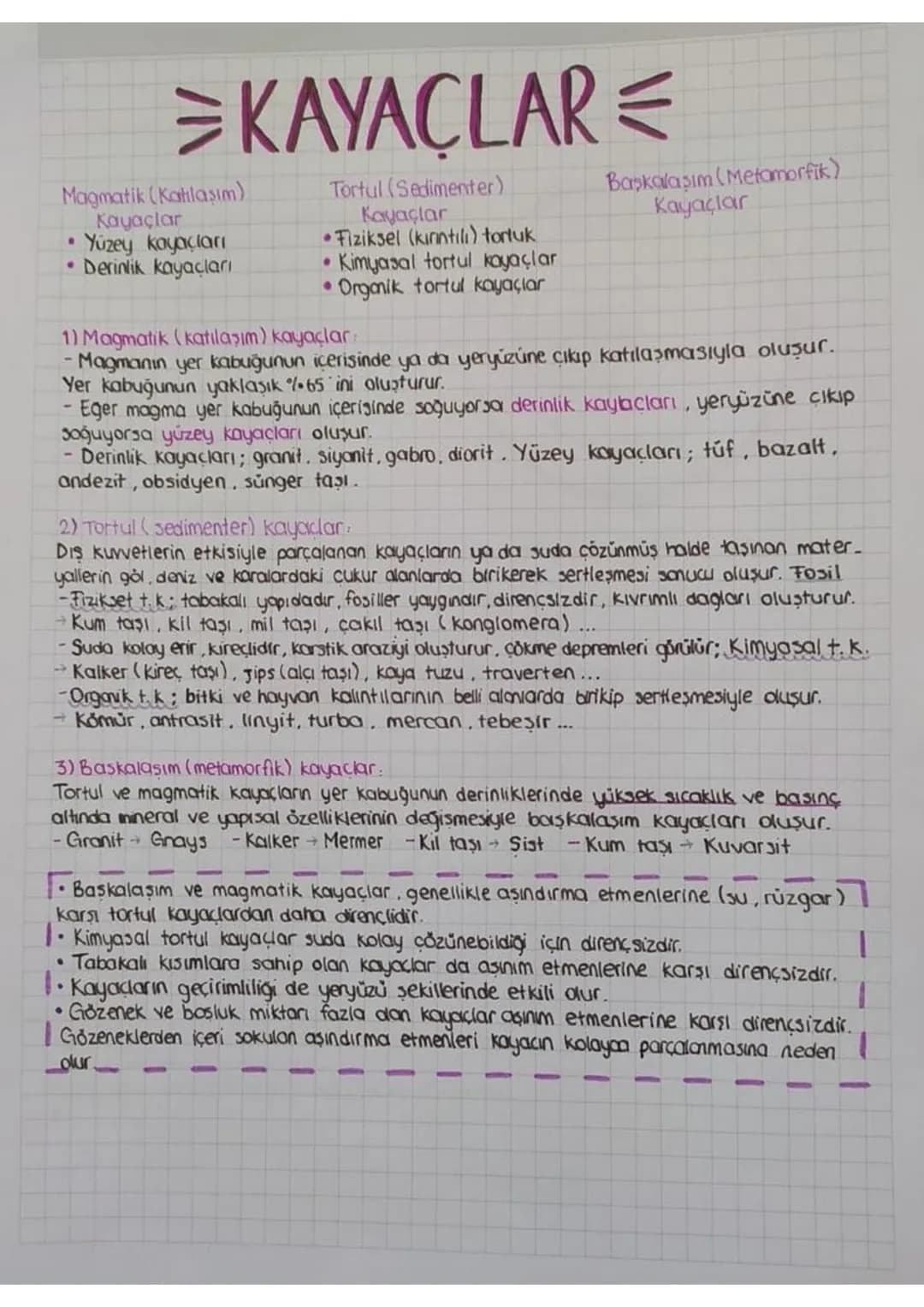 Magmatik (Katılaşım)
.
Kayaçlar
⚫ Yüzey kayaçları
• Derinlik kayaçları
KAYAÇLAR
Tortul (Sedimenter)
Kayaçlar
• Fiziksel (kınıntılı) tortuk
.