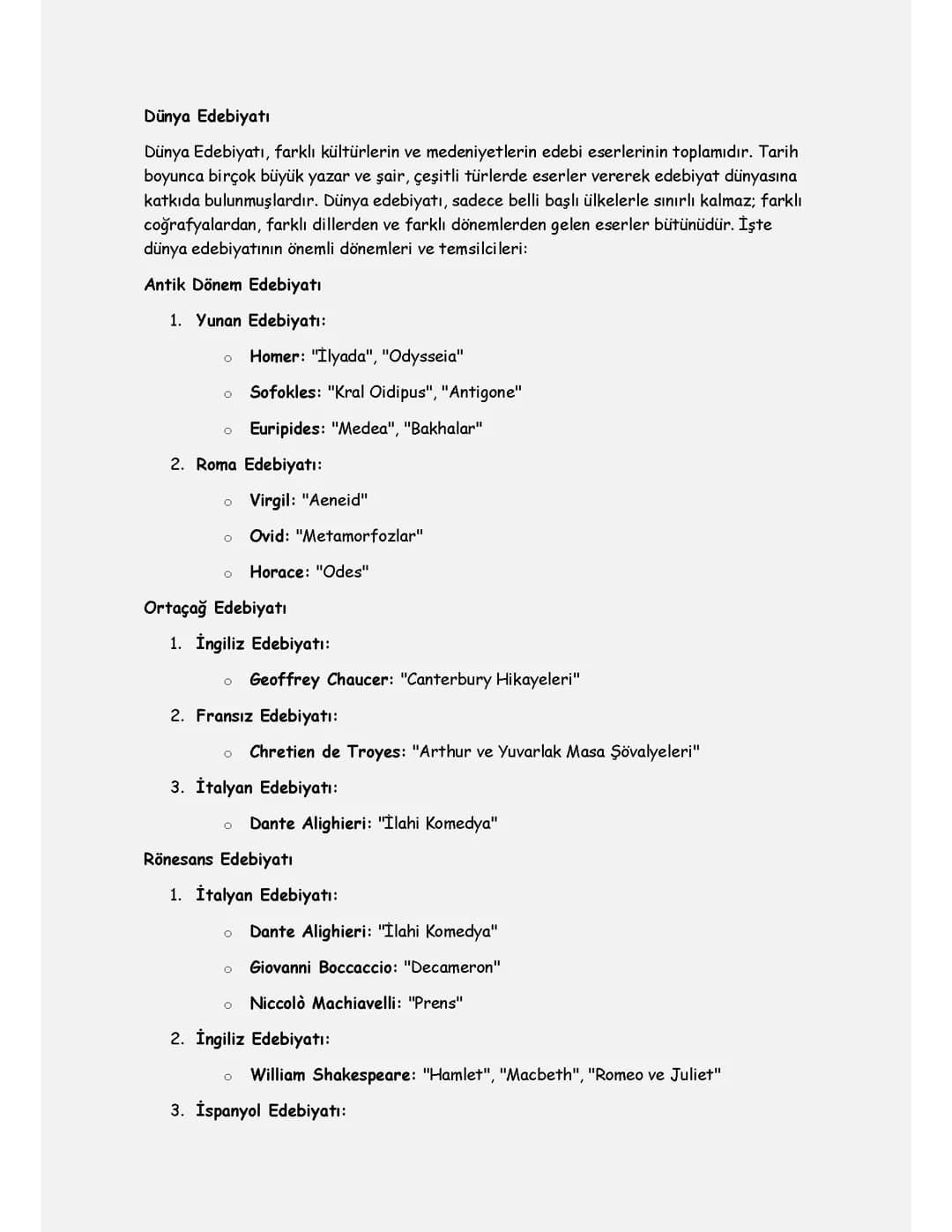 Dünya Edebiyatı Ders Notları PDF: Yazarlar, Eserler ve Özellikler