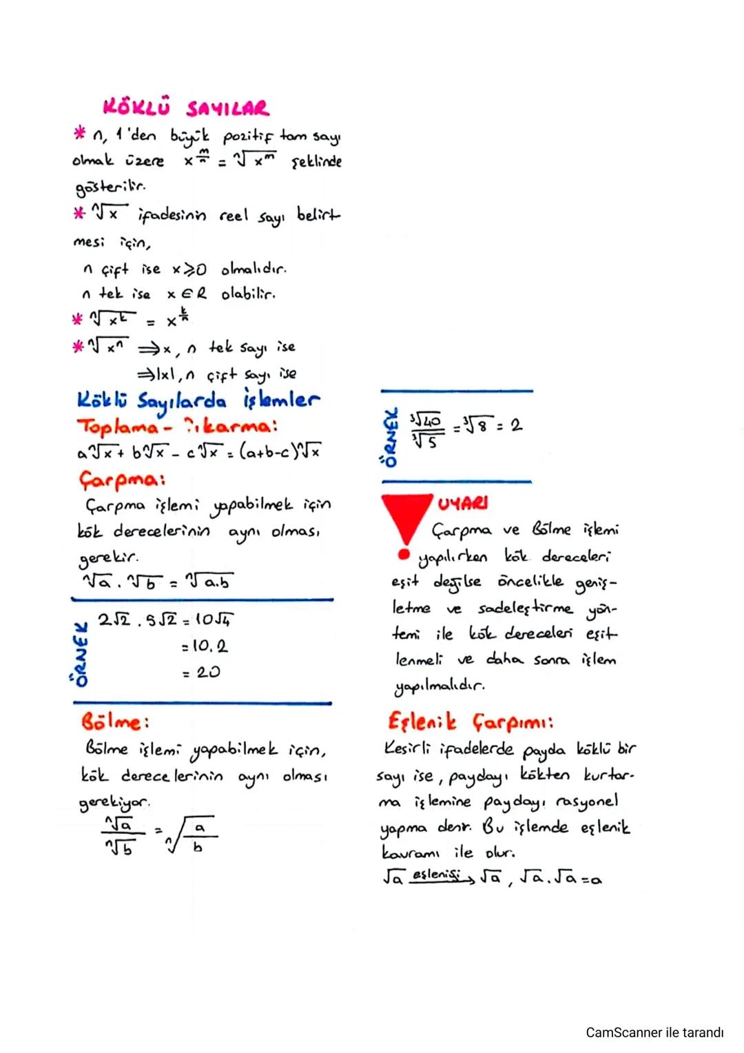 # KÖKLÜ SAYILAR
*n, 1'den büyük pozitif tam sayı
olmak üzere $x^{\frac{m}{n}} = \sqrt[n]{x^m}$ şeklinde
gösterilir.
*$\sqrt[n]{x}$ ifadesini