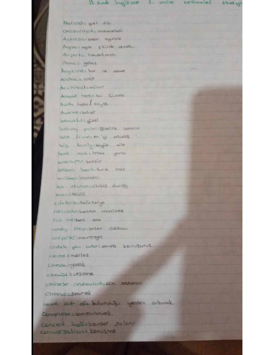 9. Sınıf İngilizce 1. Ünite Kelimeler ve Anlamları