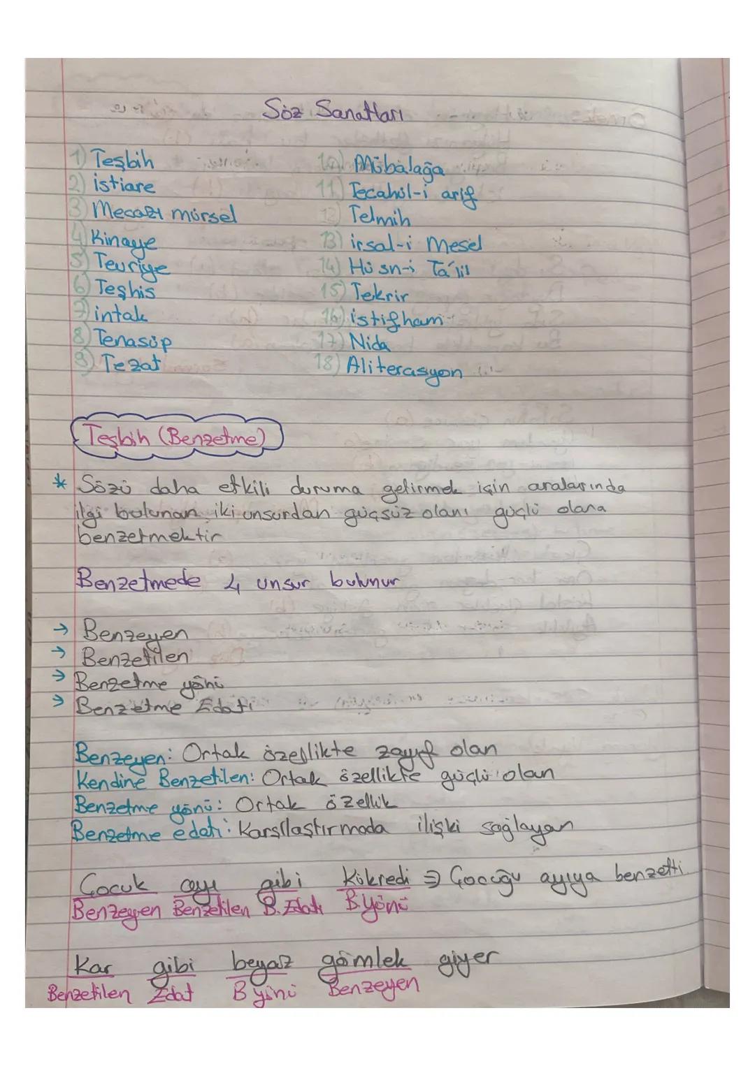 # Söz Sanatları

1) Teşbih

2) istiare

3) Mecazı mürsel

4) Kinaye

5) Teuriye

6) Teşhis

7) intak

8) Tenasüp

9) Tezat

10) Mübalağa

11