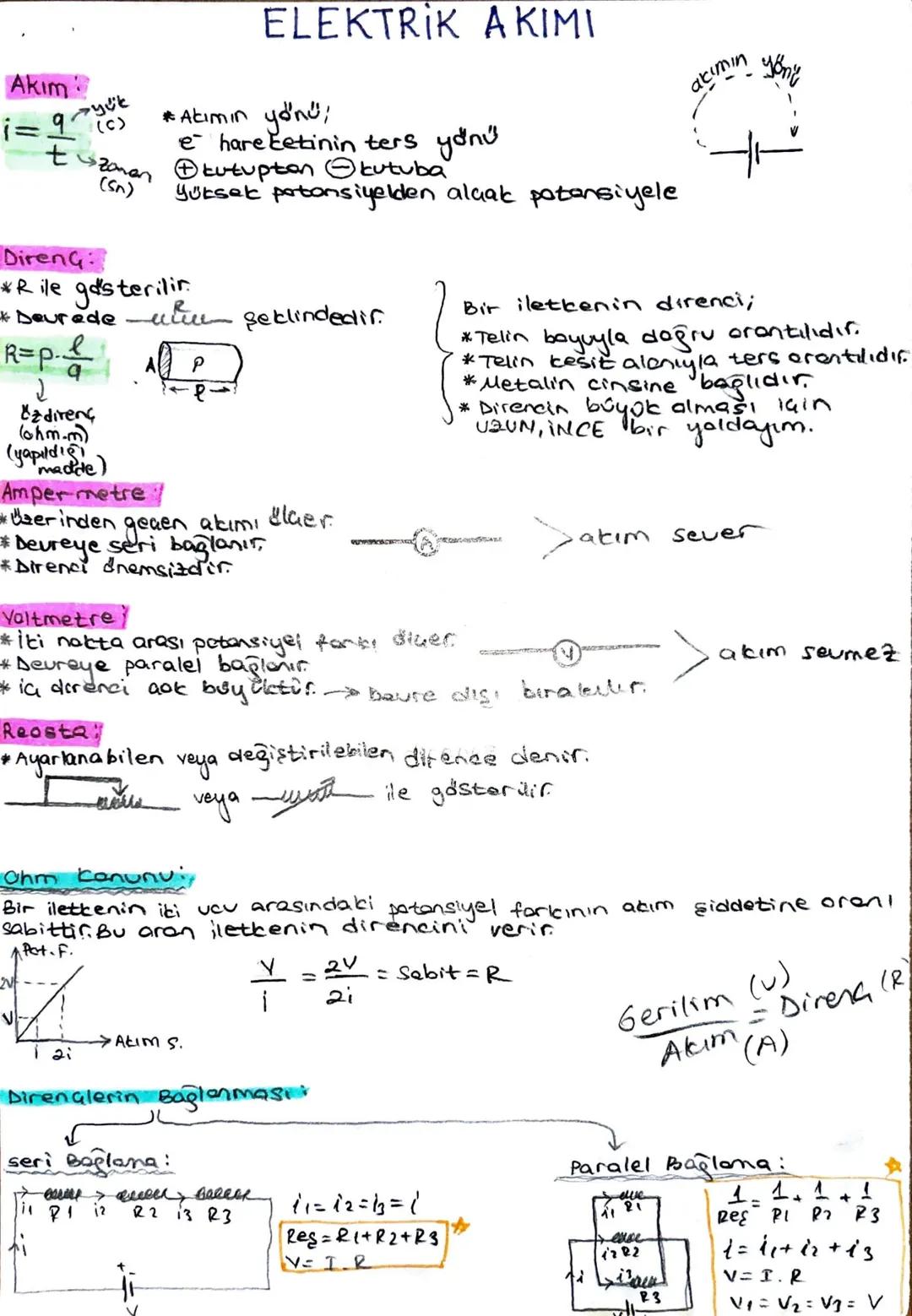 ## ELEKTRIK ΑΚΙΜΙ

Akım:
$i = \frac{q}{t}$ yük
(C)
* Akımın yönü;
* $e^-$ hareketinin ters yönü
* $\oplus$ kutuptan $\ominus$ kutuba
Zaman
(