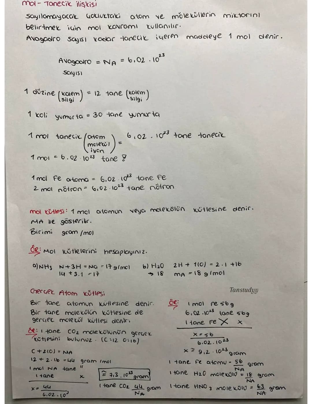 ma-kütle ilişkisi
I mol
tanecik kütlesine mol kcütles: (MA) denir.
S0315 + 3(0) - MA
32+3.16 = = 80 g/mol
n=
m
MA
m verilen kütle
MA= Imol
n