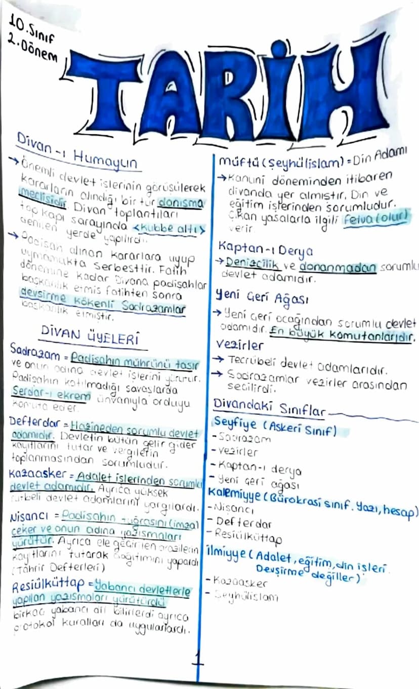10.Sınıf
2.Dönem
TARIH
Divan - Humayun
→önemli devlet islerinin görüşülerek
kararların alındığı bir tür danisma
meclisidi Divan toplantıları