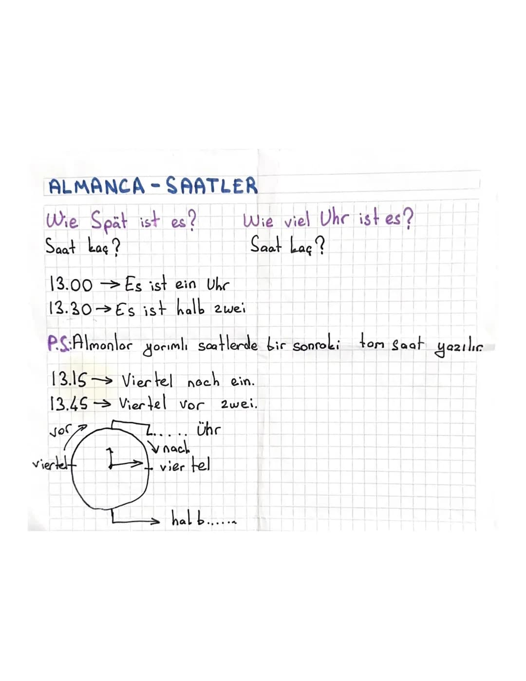 ALMANCA-SAATLER
Wie Spät ist es?
Saat kaç?
Wie viel Uhr ist es?
Saat Laç?
13.00 Es ist ein Uhr
13.30 → Es ist halb zwei
P.S.Almonlar yorimli