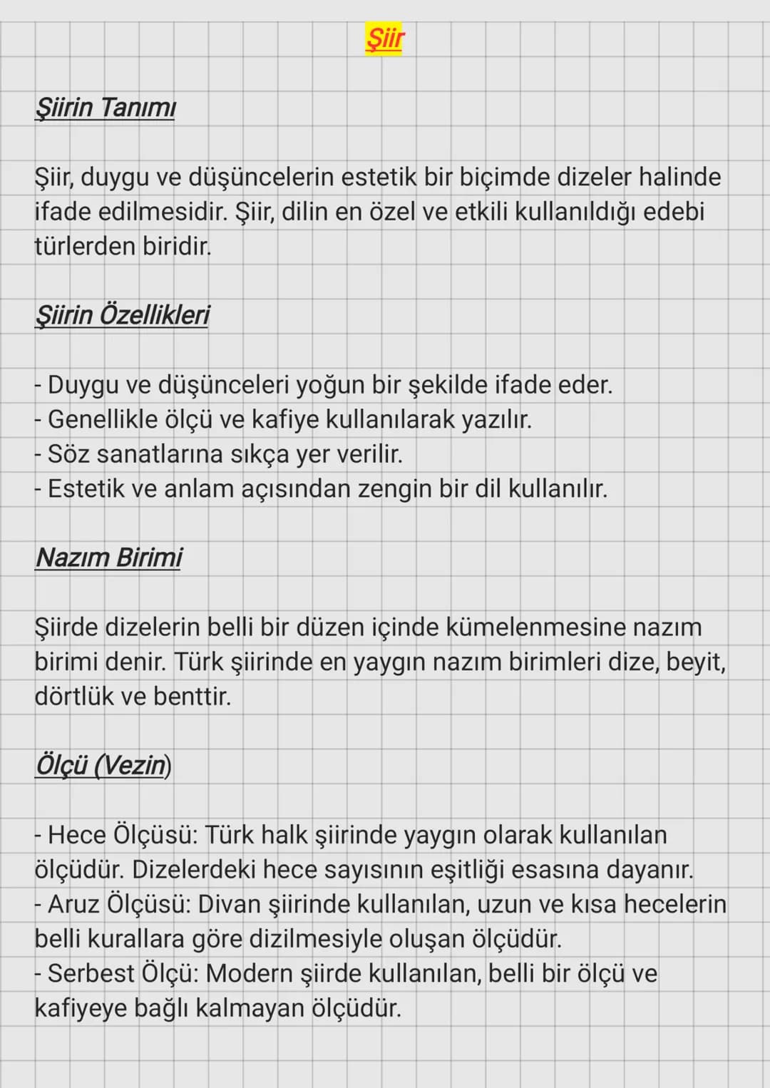 Şiir
Şiirin Tanımı
Şiir, duygu ve düşüncelerin estetik bir biçimde dizeler halinde
ifade edilmesidir. Şiir, dilin en özel ve etkili kullanıl