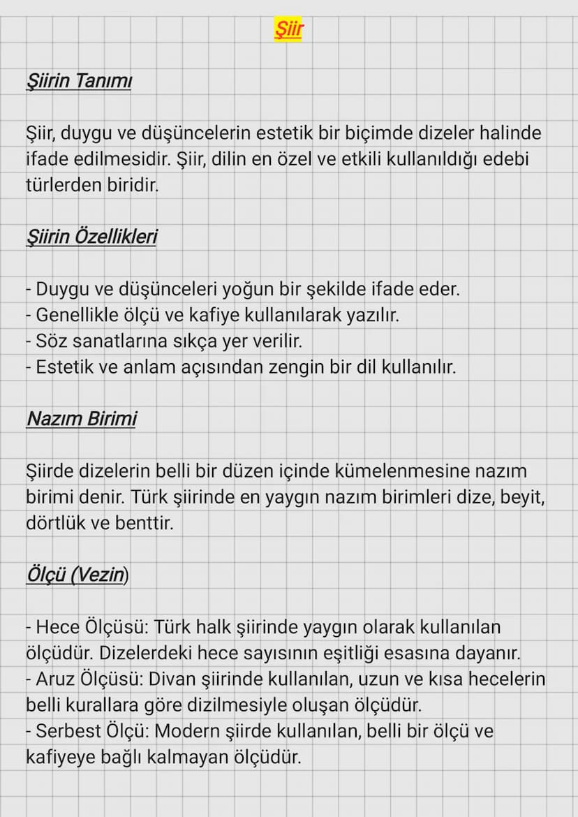 Şiir
Şiirin Tanımı
Şiir, duygu ve düşüncelerin estetik bir biçimde dizeler halinde
ifade edilmesidir. Şiir, dilin en özel ve etkili kullanıl