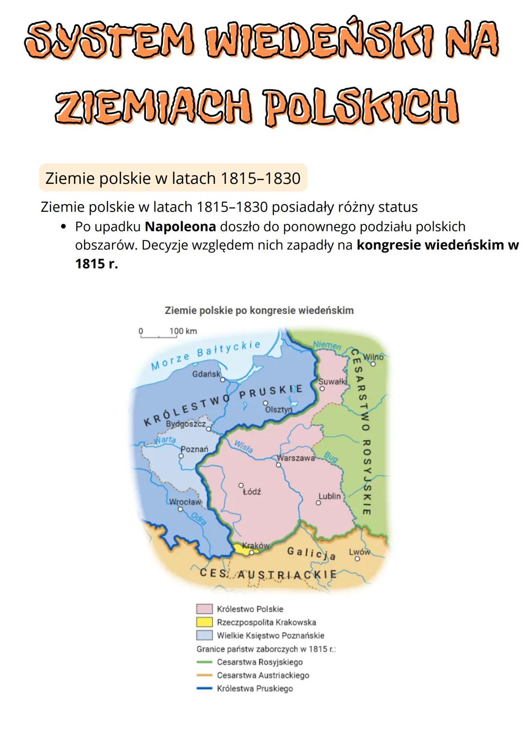 # SYSTEM WIEDEŃSKI NA
# ZIEMIACH POLSKICH

Ziemie polskie w latach 1815-1830

Ziemie polskie w latach 1815-1830 posiadały różny status

*   