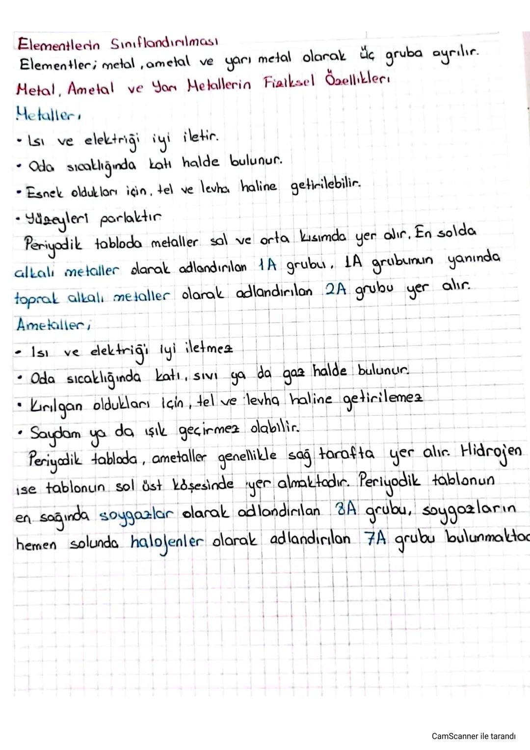 Elementlerin Sınıflandırılması
Elementler; metal, ametal ve yarı metal olarak üç gruba ayrılır.
Metal, Ametal ve Yan Metallerin Fiziksel Öze