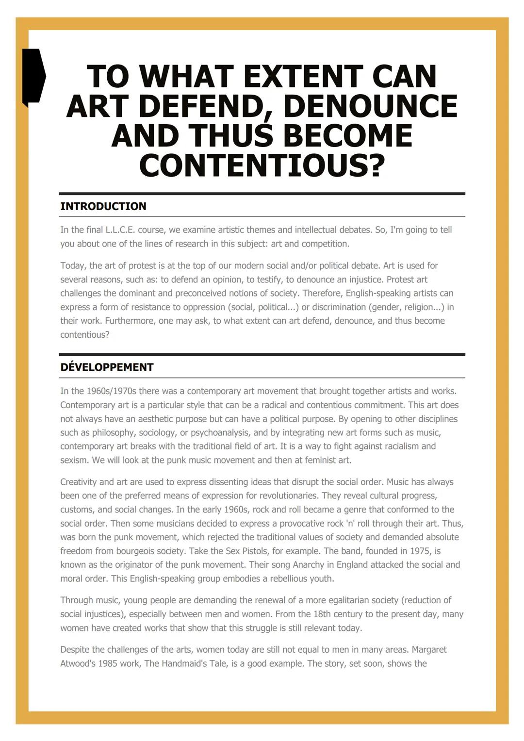 # TO WHAT EXTENT CAN
# ART DEFEND, DENOUNCE
# AND THUS BECOME
# CONTENTIOUS?

INTRODUCTION

In the final L.L.C.E. course, we examine artisti