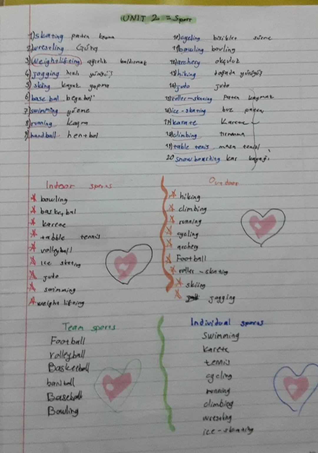 1) skating paten kome
2)wrestling Gung
3) Weightlifting) ağırlık
4) jogging hin yung's
5) sking kayak yapma
6) base bat bege boy'
7) swimmin