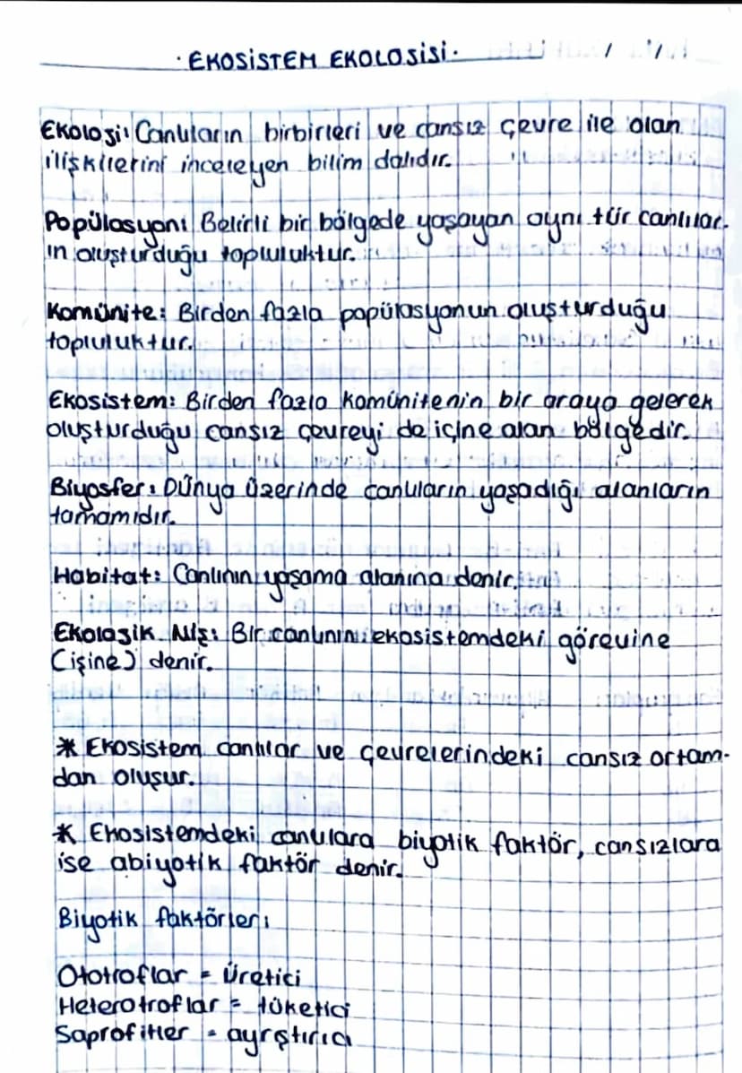 · EKOSISTEM EKOLOSisi.
Ekologi Canutarın birbirleri ve cansuz çevre ile olan
ilişkilerini inceleyen bilim dalıdır..
Popülasyont Belirli bir 