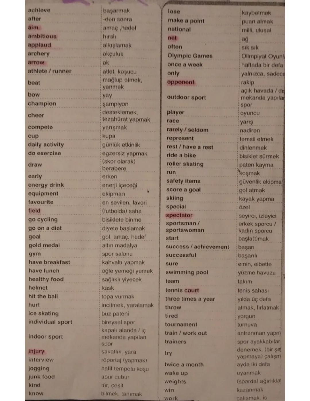 7. Sınıf 2. Ünite İngilizce Kelimeler ve Anlamları