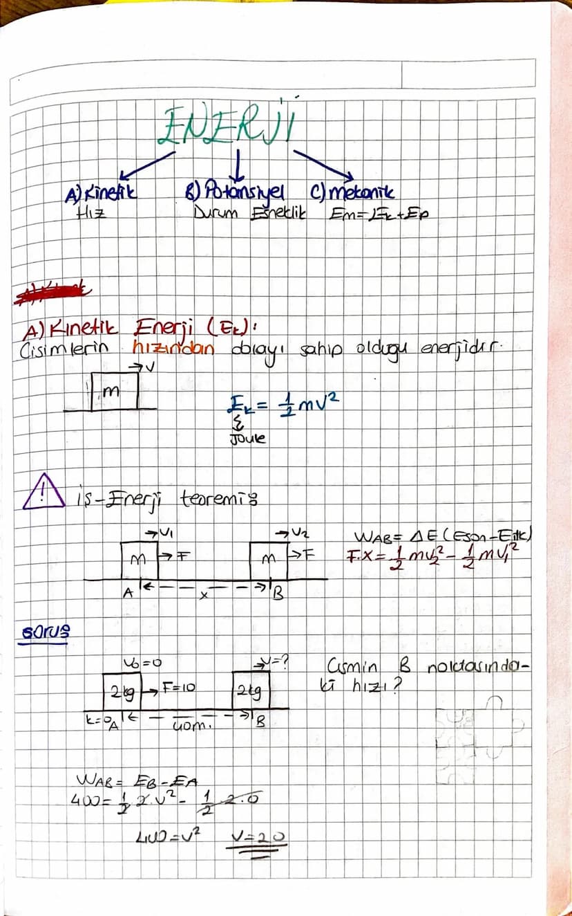 A) Kinetik
Hiz
ENERJI
6) Potansiyel C) mekanik
Durum Esneklik
Em=Fk+Ep
A) Kinetik Enerji (Ex):
Cisimlerin hızından dolayı sahip olduğu enerj