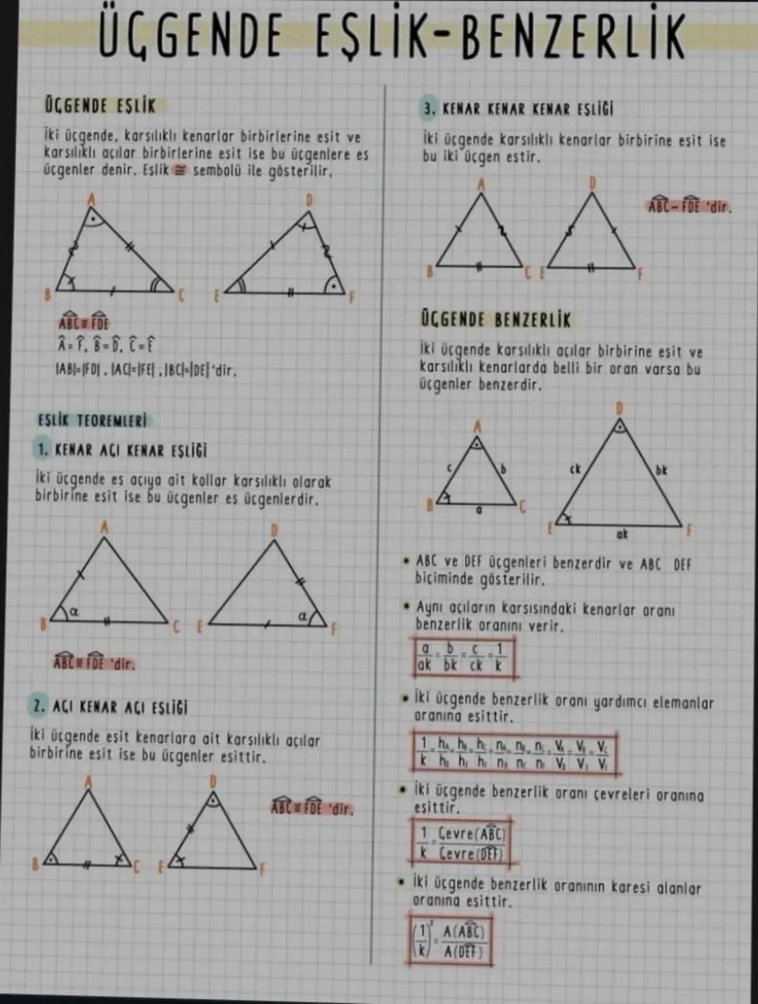 ÜGGENDE EŞLİK-BENZERLİK
OGGENDE EŞLİK
iki üçgende, karşılıklı kenarlar birbirlerine eşit ve
karsılıklı acılar birbirlerine esit ise bu üçgen