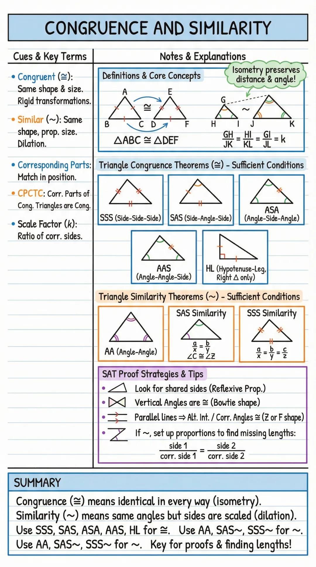 # CONGRUENCE AND SIMILARITY

| Cues & Key Terms | Notes & Explanations |
| ----------- | ----------- |
| - Congruent ($\cong$):
Same shape &