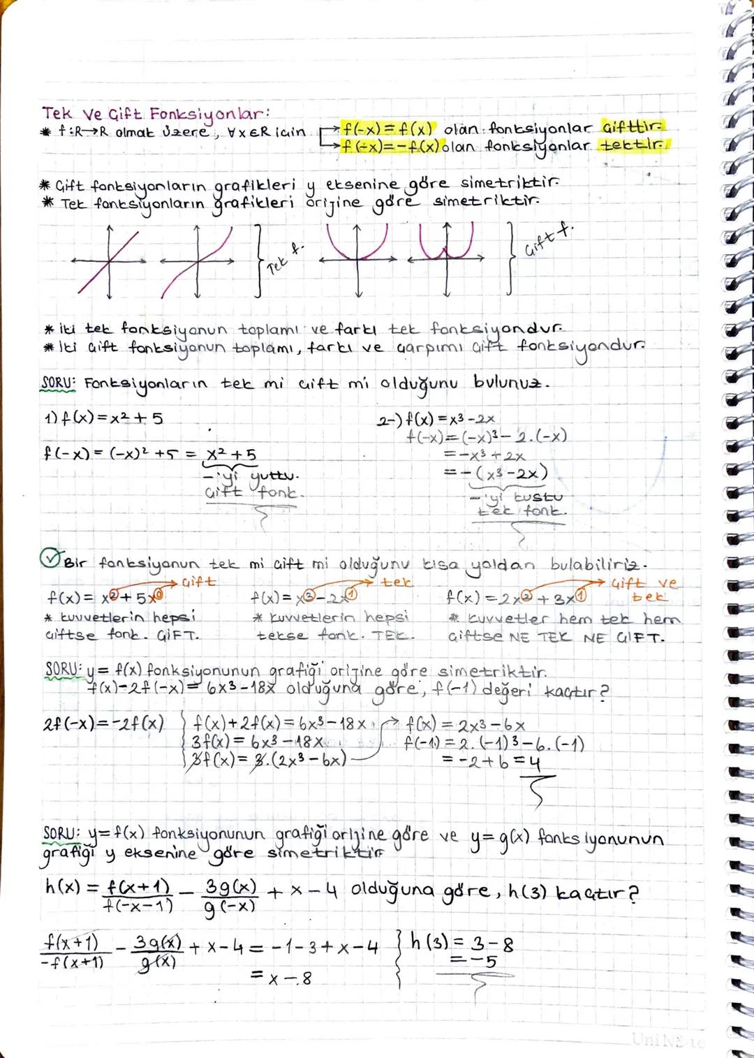 # Tek Ve Gift Fonksiyonlar:
*+:R→R olmak üzere, yxERiain $f(-x) = f(x)$ olan fonksiyonlar gifttir.
$f(-x)=-f(x)$ olan fonksiyonlar tektir.
*