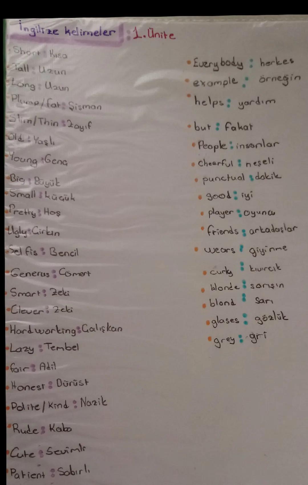 7. Sınıf İngilizce 1. Ünite Kelimeleri - Kullanışlı Kelime Listesi