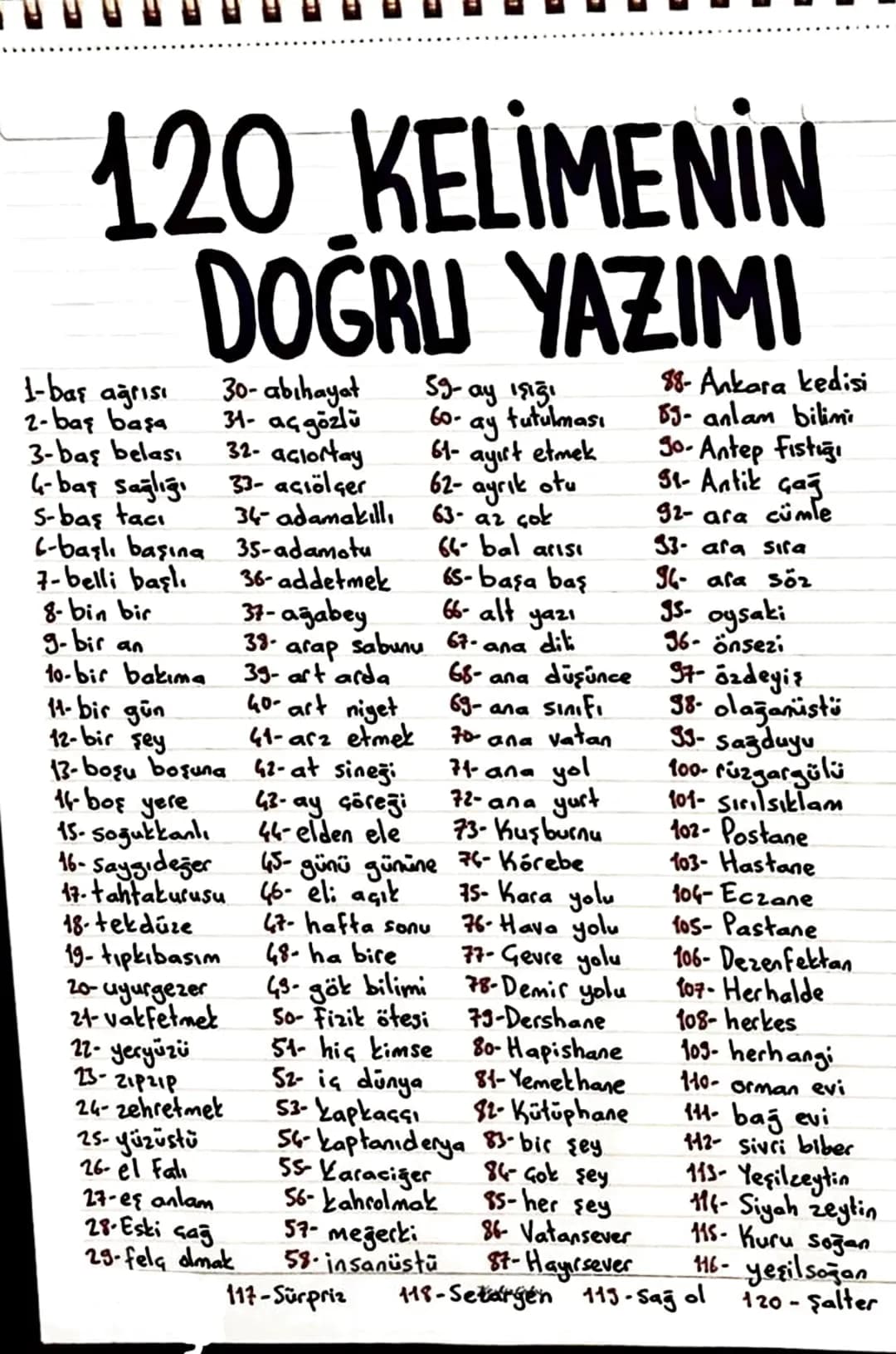 120 KELİMENİN
DOĞRU YAZIMI
1-baş ağrısı
2-baş başa
3-baş belası
4-bar sağlığı
S-bas tac
30-abihayat
31- açgözlü
32-aciortay
33- aciölçer
34-