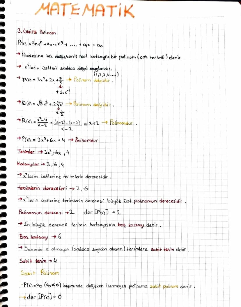MATEMATIK
3. UNITE Polinom
P(x) = 90x²+an-1x ? + .... + aix + 20
→ ifadesine tek değişkenli reel katsayılı bir polinom (çok terimli) denir.
