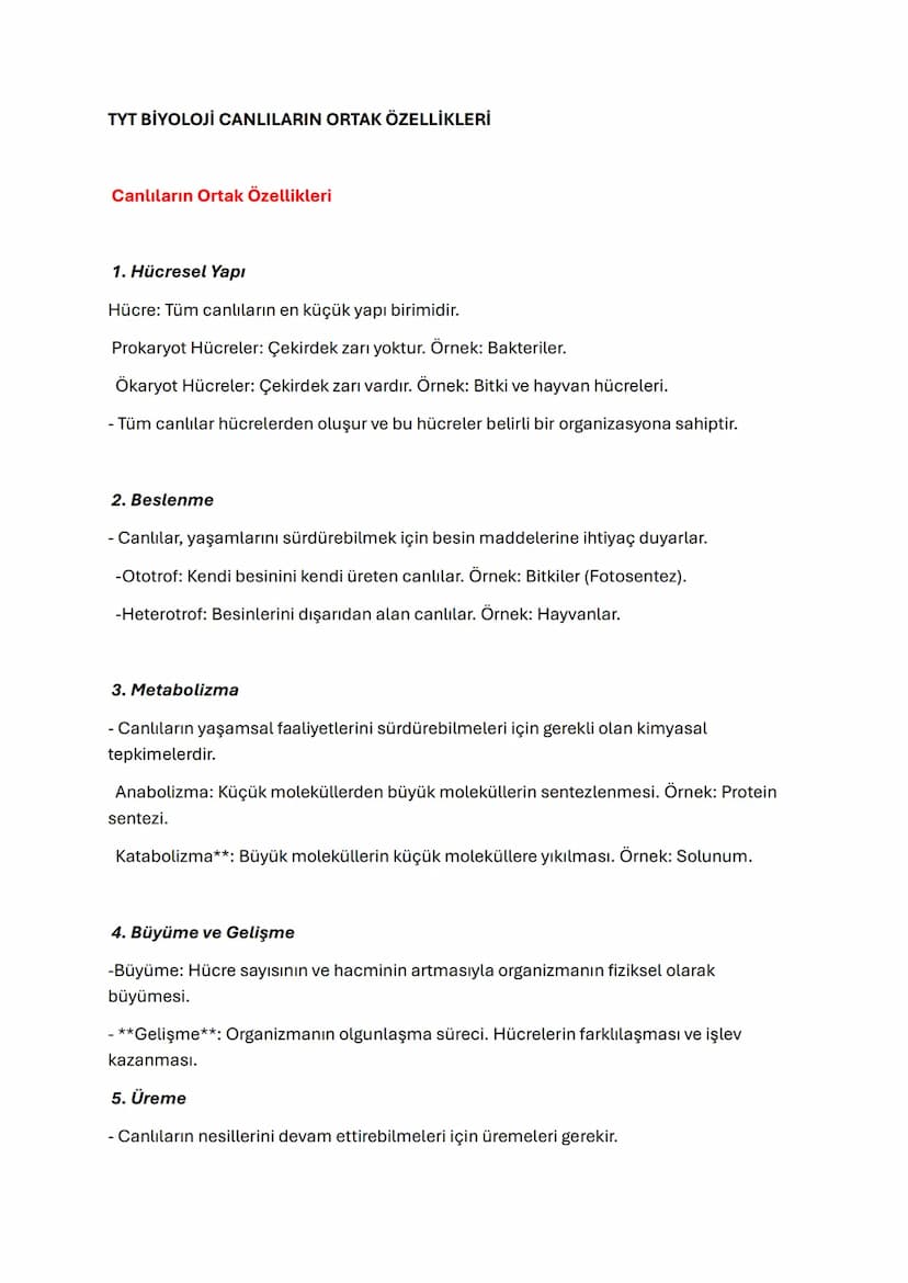 TYT BİYOLOJİ CANLILARIN ORTAK ÖZELLİKLERİ
Canlıların Ortak Özellikleri
1. Hücresel Yapı
Hücre: Tüm canlıların en küçük yapı birimidir.
Proka