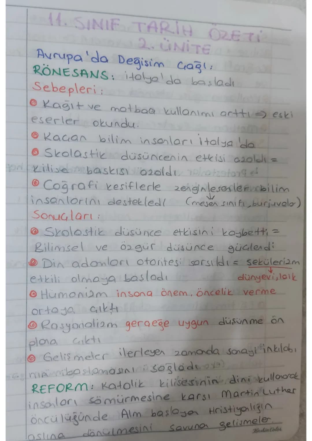 11. SINIF TARİH ÖZET
2. ÜNİTE
Avrupa'da Değişim çağı,
RÖNESANS: italya'da başladı
Sebepleri:
• Kağıt ve matbaa kullanımı arttı = eski
eserle