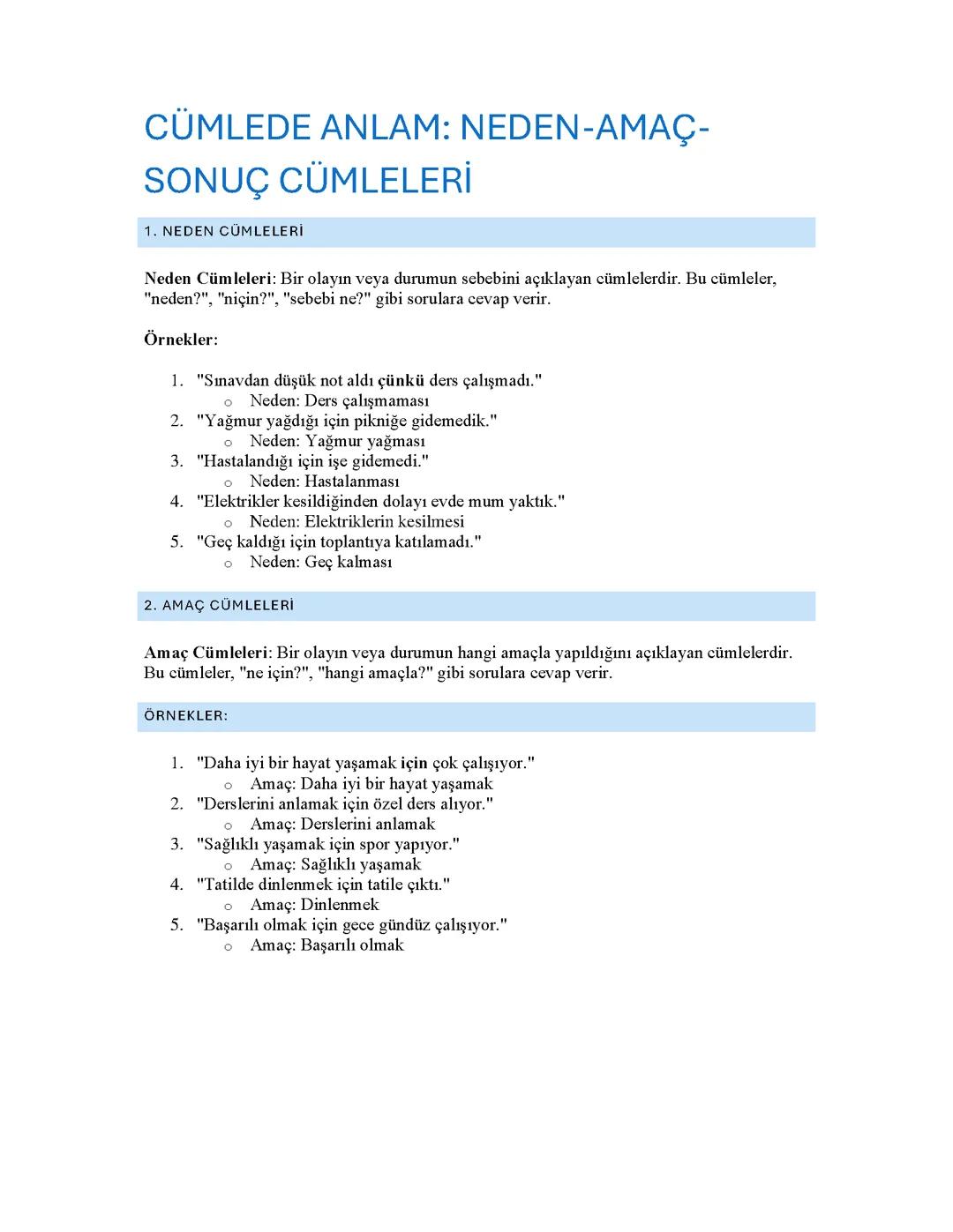 6. Sınıf Türkçe: Neden-Amaç-Sonuç Cümleleri ve Testleri