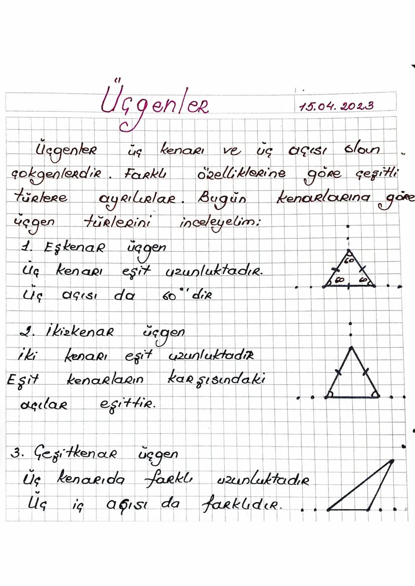 Üçgenler
15.04.2023
türlere
Üçgenler
üç kenarı
ve Us OÇISI oloin
çokgenlerdir. Farkli özelliklerine göre çeşitli
ayrılırlar. Bugün
kenarları