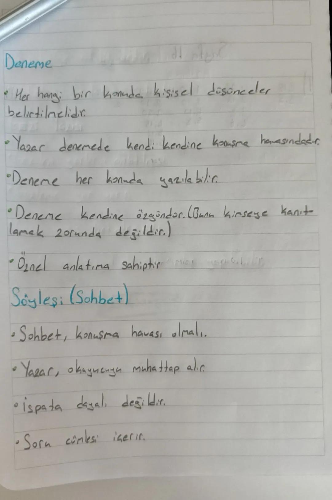 Deneme
* Her hangi bir konuda kişisel düşünceler.
belirtilmelidir.
* Yazar denemede kendi kendine konuşma havasındadır.
* Deneme her konuda 