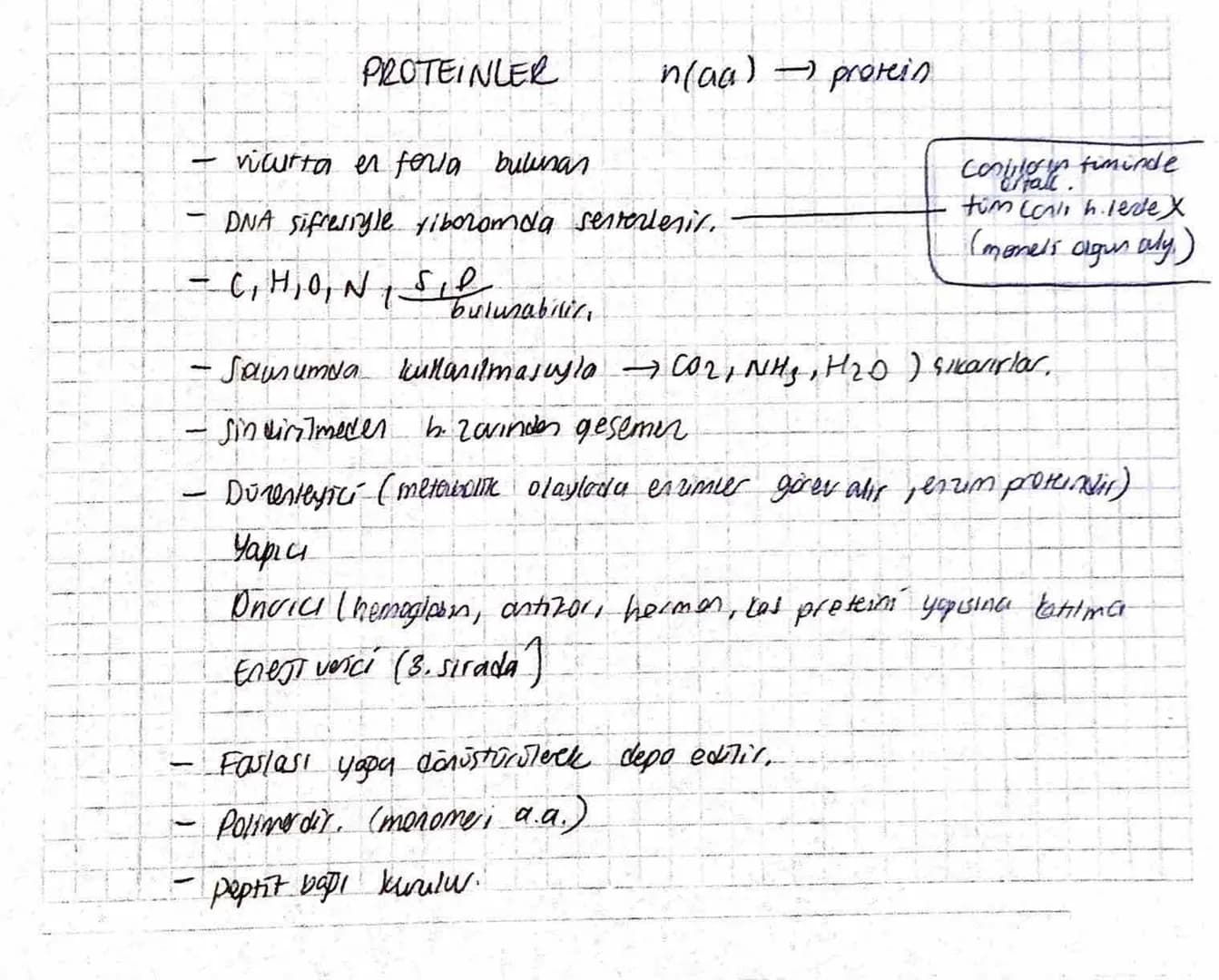 PROTEINLER
-
vücutta en feria bulunan
n(aa) → protein
DNA sifresiyle yiboromda senterlerit.
- C, H, O, N, SI bulunabilir.
-
T
Conttorin timi