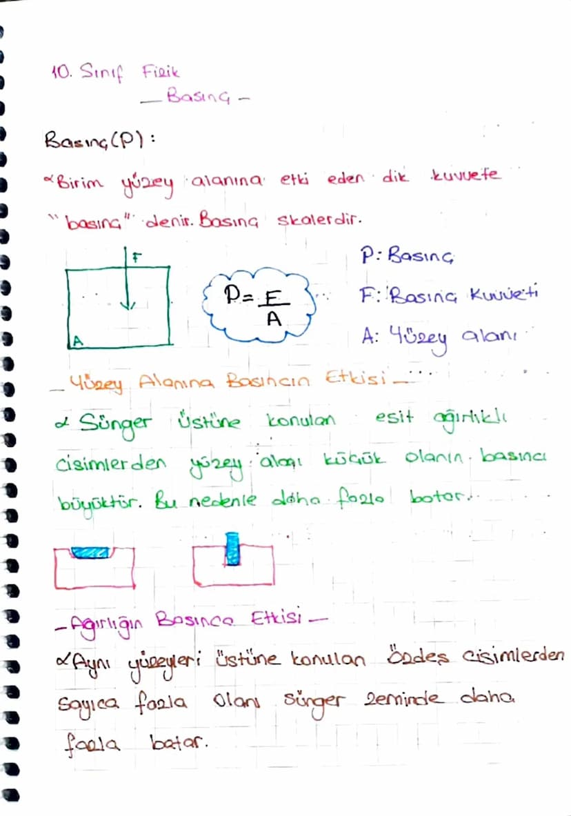 10. Sınıf Fizik
- Basing-
Basing (P):
*Birim yüzey alanına etki eden dik
basing" denir. Basing skalerdir.
kuvuefe
F
P: Basing
P=E
F: Rasing 