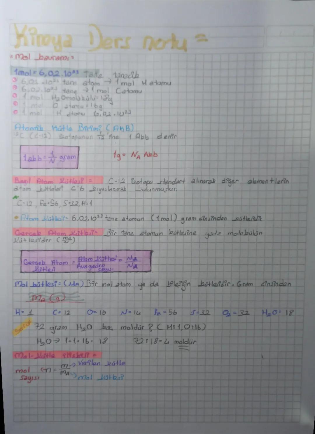 Kiroya Ders noty =
* Mol baurami =
* 1mol 6,02.10*3 tane tanecib
* 6,01-102 tane atom 1 mal Hatomu
* 6.02.1023 tane mol Catomu
* of moi Ha O