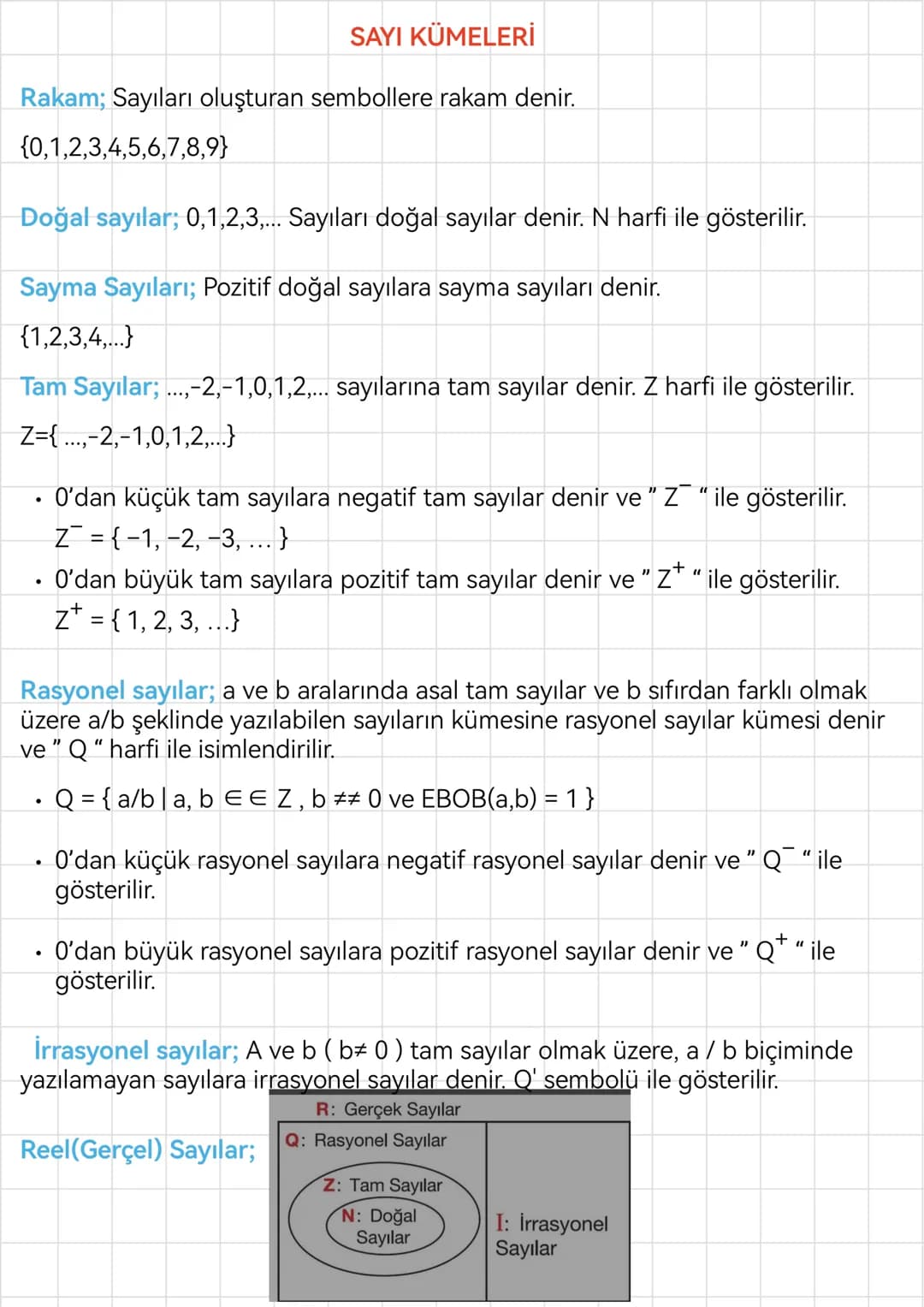 SAYI KÜMELERİ
Rakam; Sayıları oluşturan sembollere rakam denir.
{0,1,2,3,4,5,6,7,8,9}
Doğal sayılar; 0,1,2,3,... Sayıları doğal sayılar deni