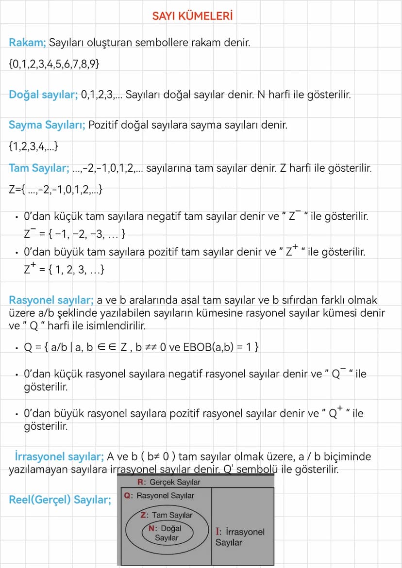 SAYI KÜMELERİ
Rakam; Sayıları oluşturan sembollere rakam denir.
{0,1,2,3,4,5,6,7,8,9}
Doğal sayılar; 0,1,2,3,... Sayıları doğal sayılar deni
