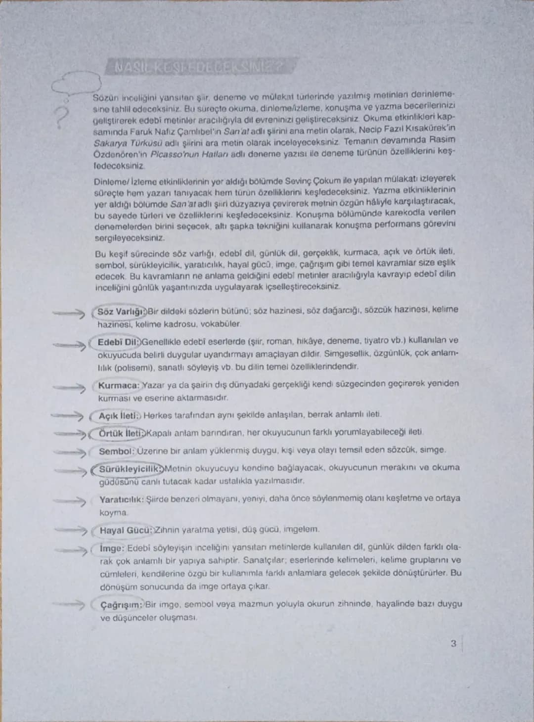 ?
NASIL KESTEDECEKSINIZ?
Sözün inceliğini yansıtan şiir, deneme ve mülakat türlerinde yazılmış metinleri derinleme-
sine tahlil edeceksiniz.
